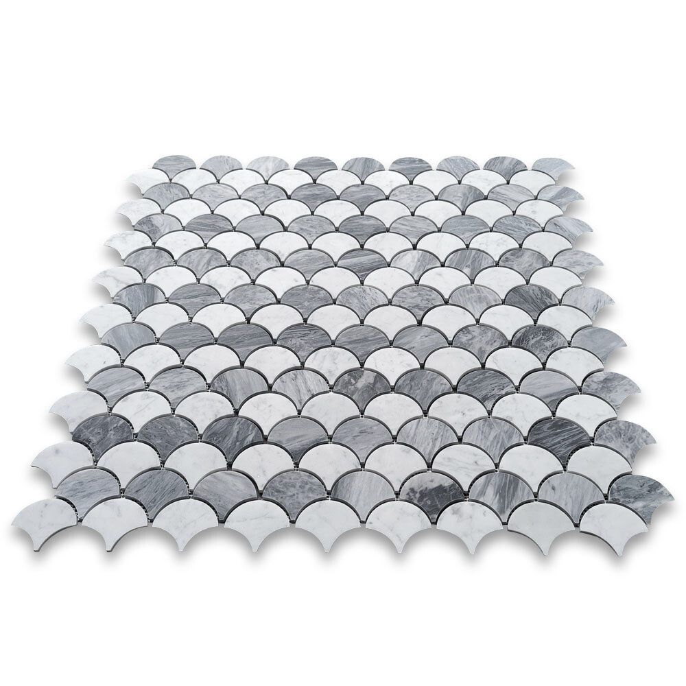 C9937XH Carrara White Bardiglio Gray Marble Fish Scale Fan Shape Mosaic Tile