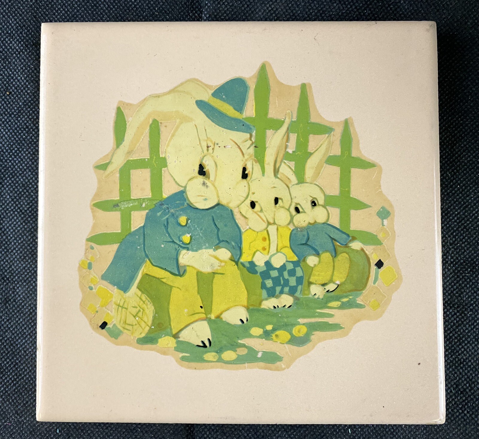 Vintage Rabbit Bunny Anthropomorphic Ceramic Tiles Set of 2 cork backed