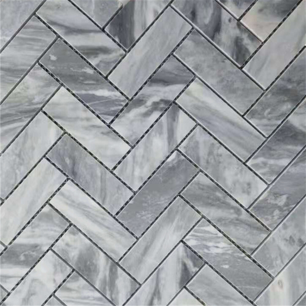 K72XH Bardiglio Gray Dark Grey Marble 1×3 Herringbone Mosaic Tile Honed