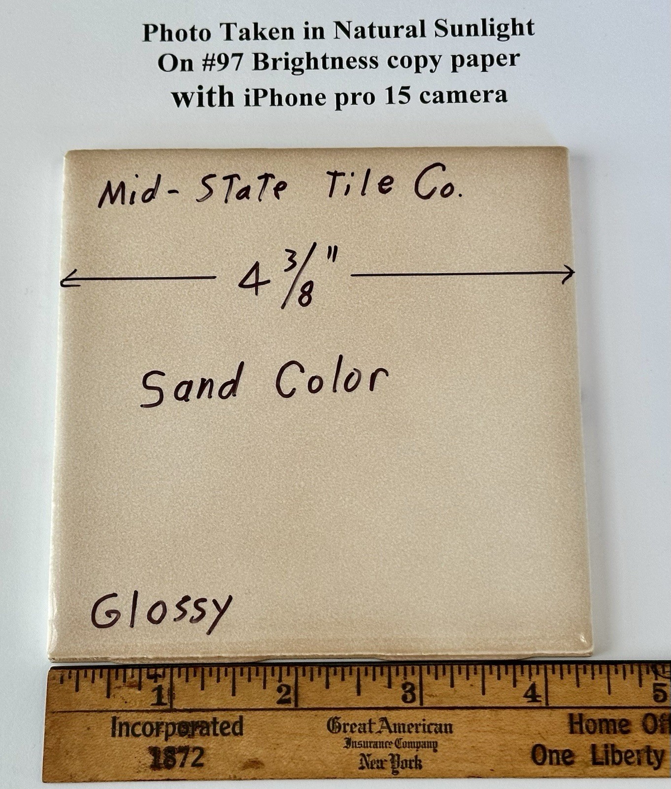 1 pc. Sand Color – Light Brown: Glossy Ceramic Tile 4-3/8″ by Mid-State: Smooth