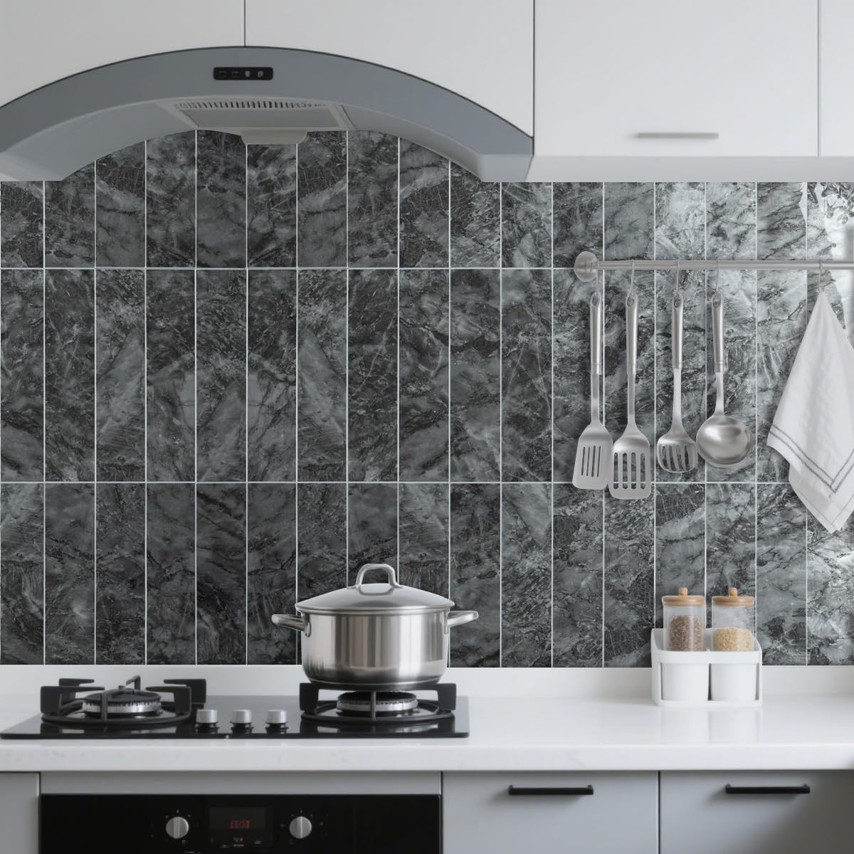 40-Piece Polished Dark Grey Marble Peel and Stick Backsplash Wall Tiles, 3″ x…