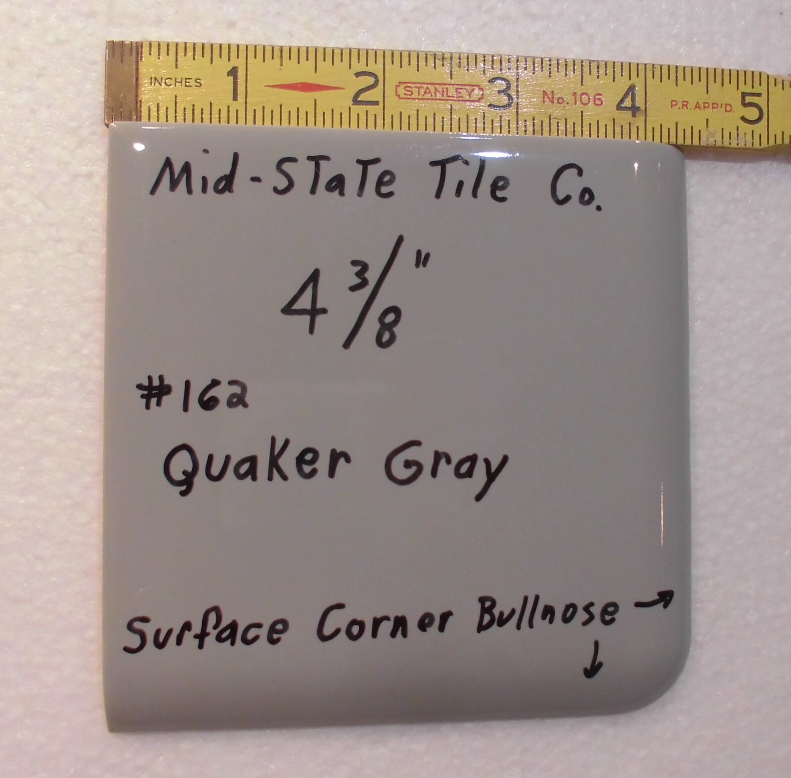 1 pc. *Quaker Dark Gray* Corner Bullnose Ceramic Tile 4-3/8″ by Mid-State Co.