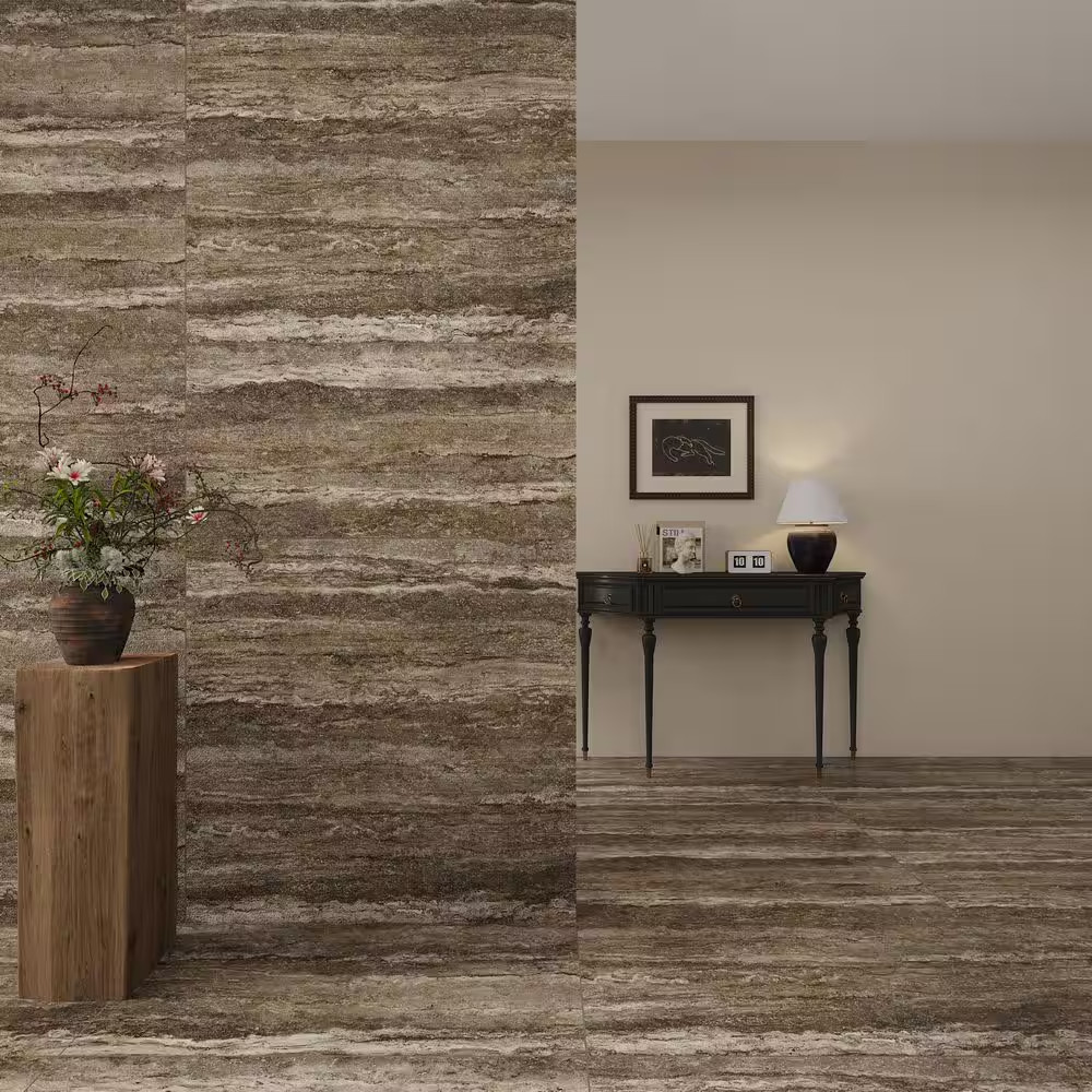 American Travertine Titanium 24 In. X 48 In. Chiseled 3D Porcelain Large Format