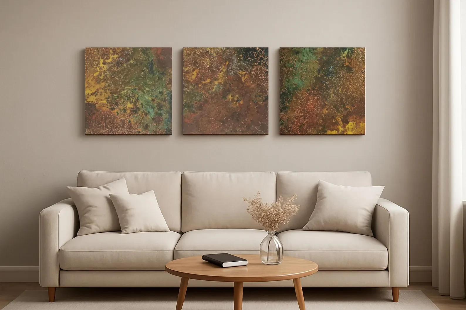 Real Copper Wall Art – 3 Panel Metal Artwork – Handcrafted Patina Decor