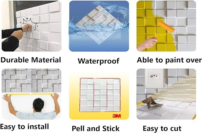 GF Casa Decor Textured 3D PVC Wall Panels PIXEL – 12pc White 19.7″ x 19.7″