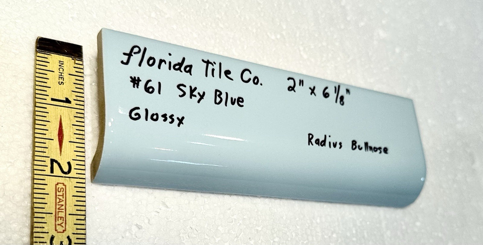 1 pc. Sky Blue: 2″ X 6-1/8″ Glossy Ceramic Radius Bullnose Trim Florida Tile NOS