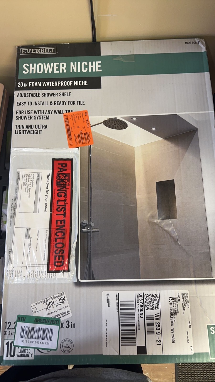 EVERBILT SHOWER NICHE ADJUSTABLE SHELF 12.25″ X 20.25′ X 3″