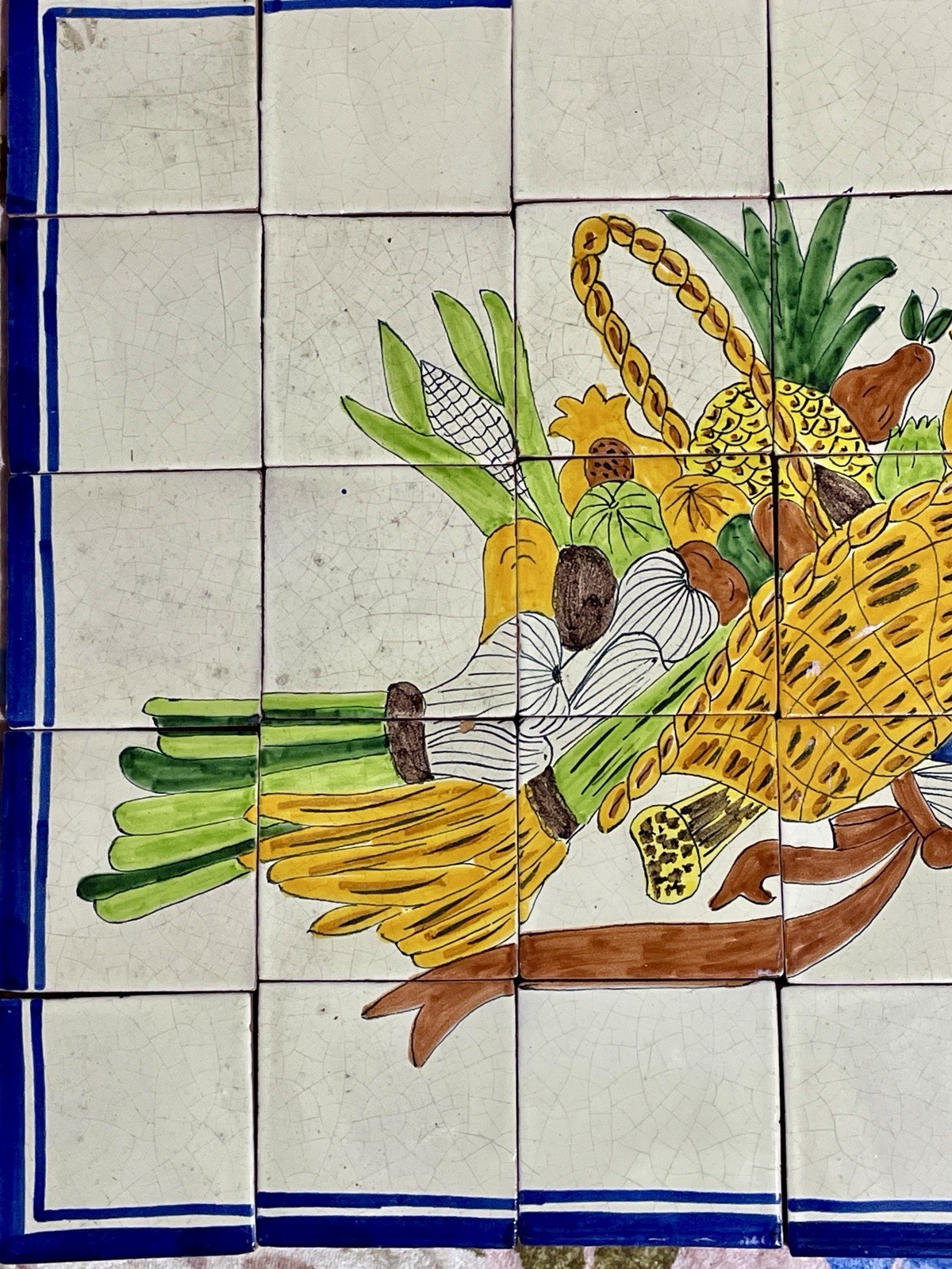Vintage Mexican Talavera TILE MURAL Backsplash Fruit Basket 24”x20”