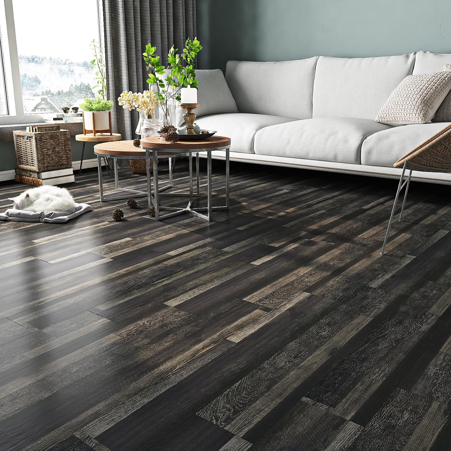 Retro Black Peel and Stick Floor Tile 12×12 4-Tiles Luxury Vinyl Plank