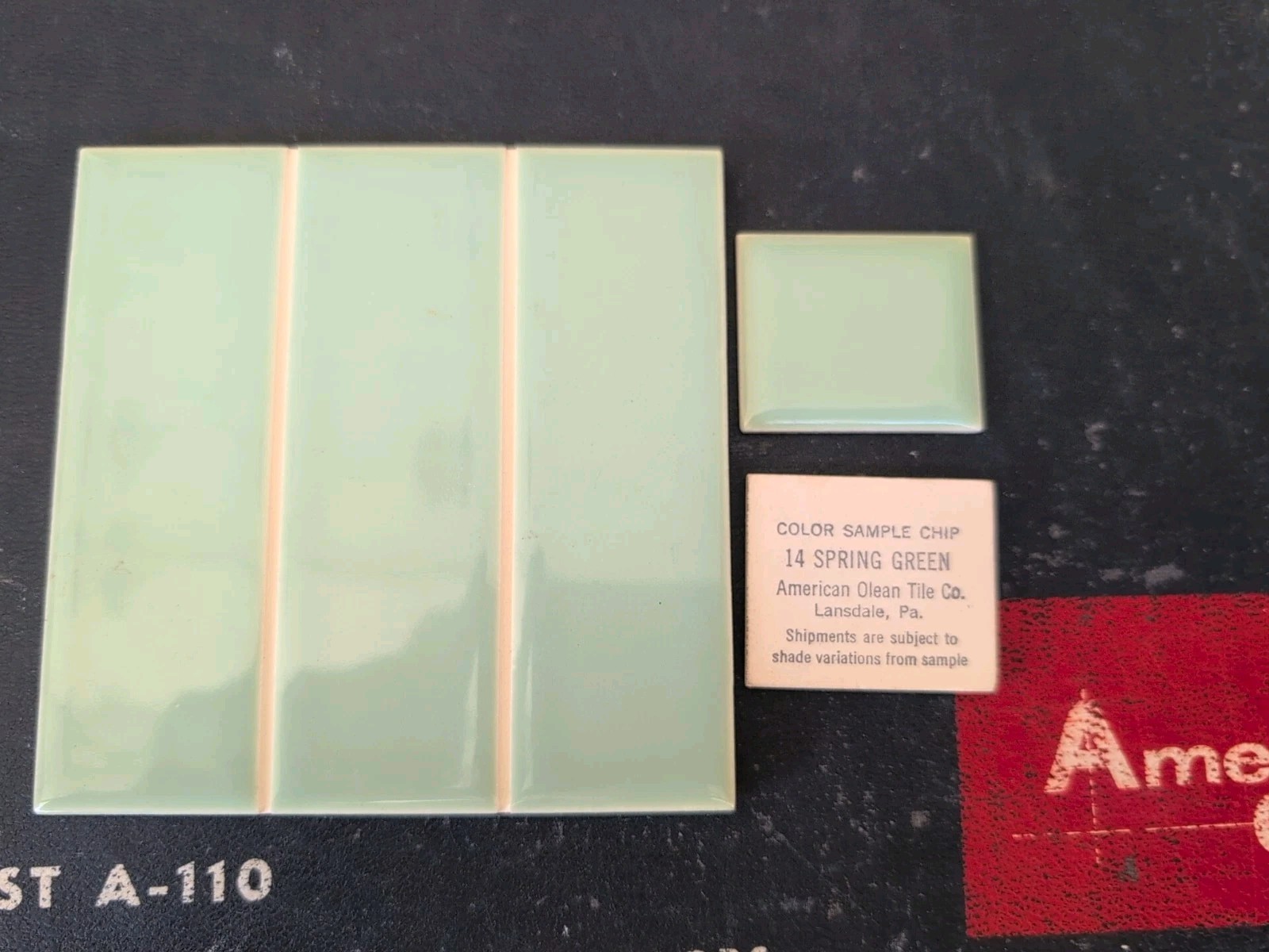 2 pieces 4 1/4″ Ceramic Tile #14 Spring Green American Olean Tile Scored SD-4