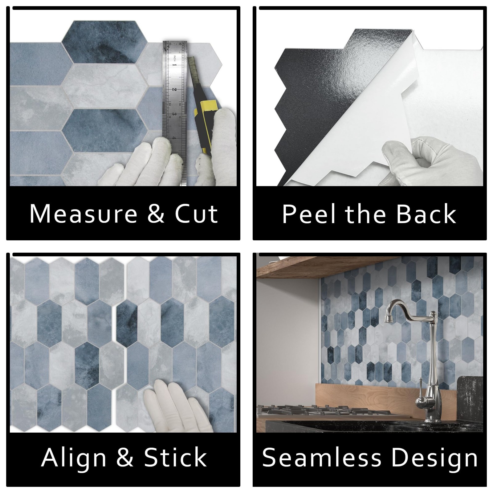 10-Sheet Peel and Stick Backsplash, 12″ x 11.5″ Blue Cement Long Hexagon Self…