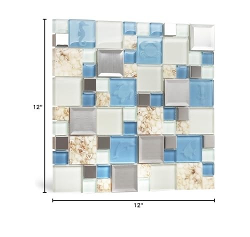 Beach Style Mosaic Tiles – Blue Sea Glass Backsplash with Real Seashells (5 Shee