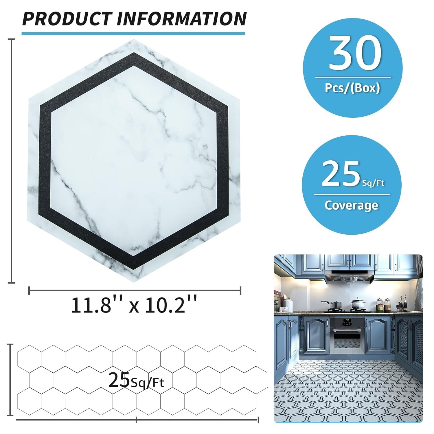 Art3d 22 Pack 11.8″ x 10.2″ White Marble Hexagon Peel and Stick Flooring Tile