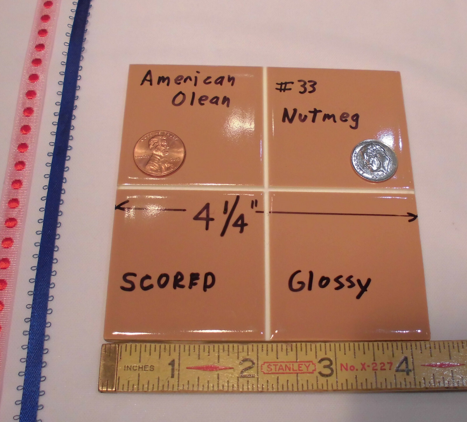 1 pc. *Brown-Nutmeg* 4-1/4″ Scored Glossy Ceramic Tile: by American Olean: NOS