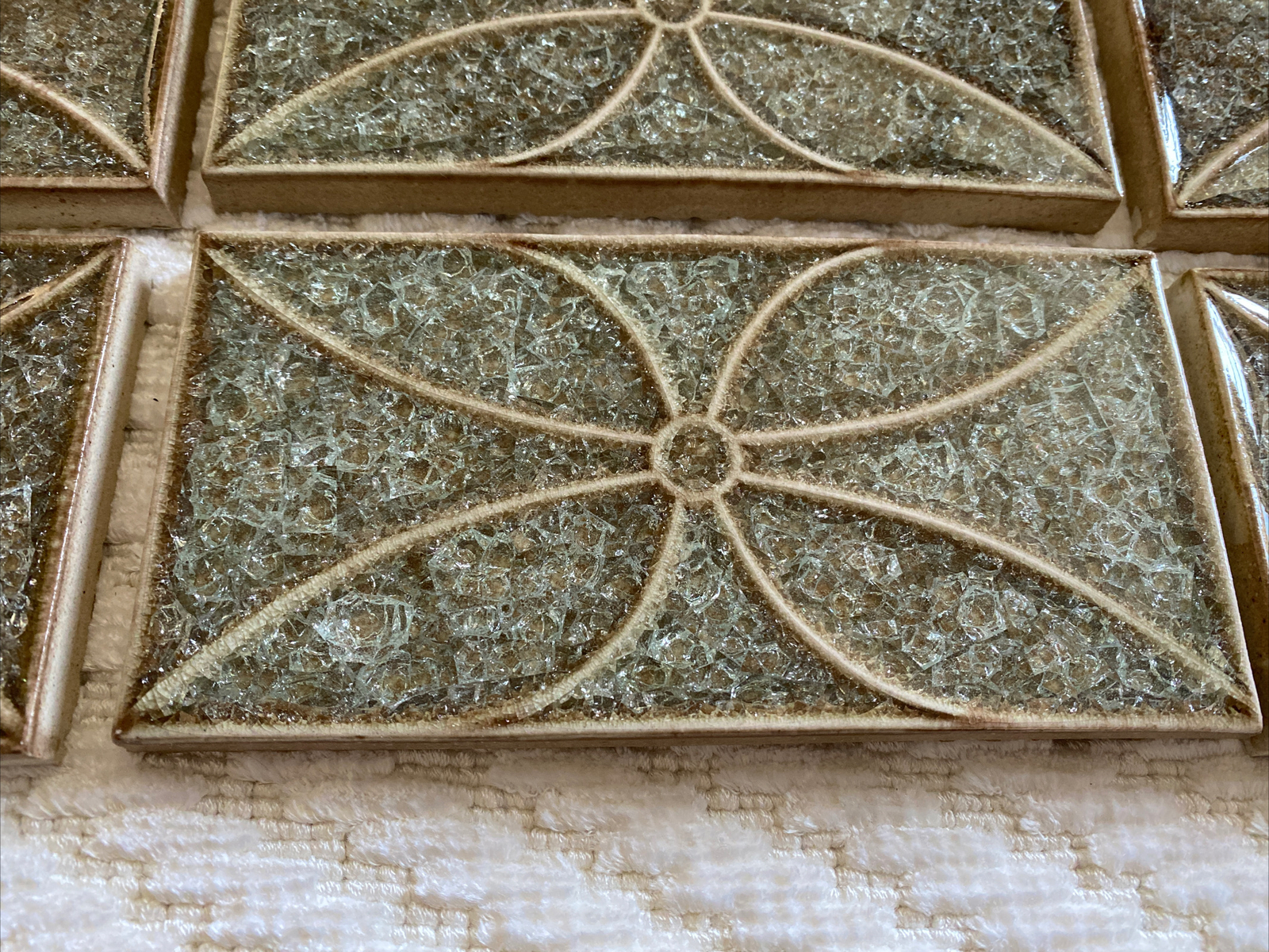 7 Crackle Glass Ceramic Green/ Brown Flower Tiles 3”x6”