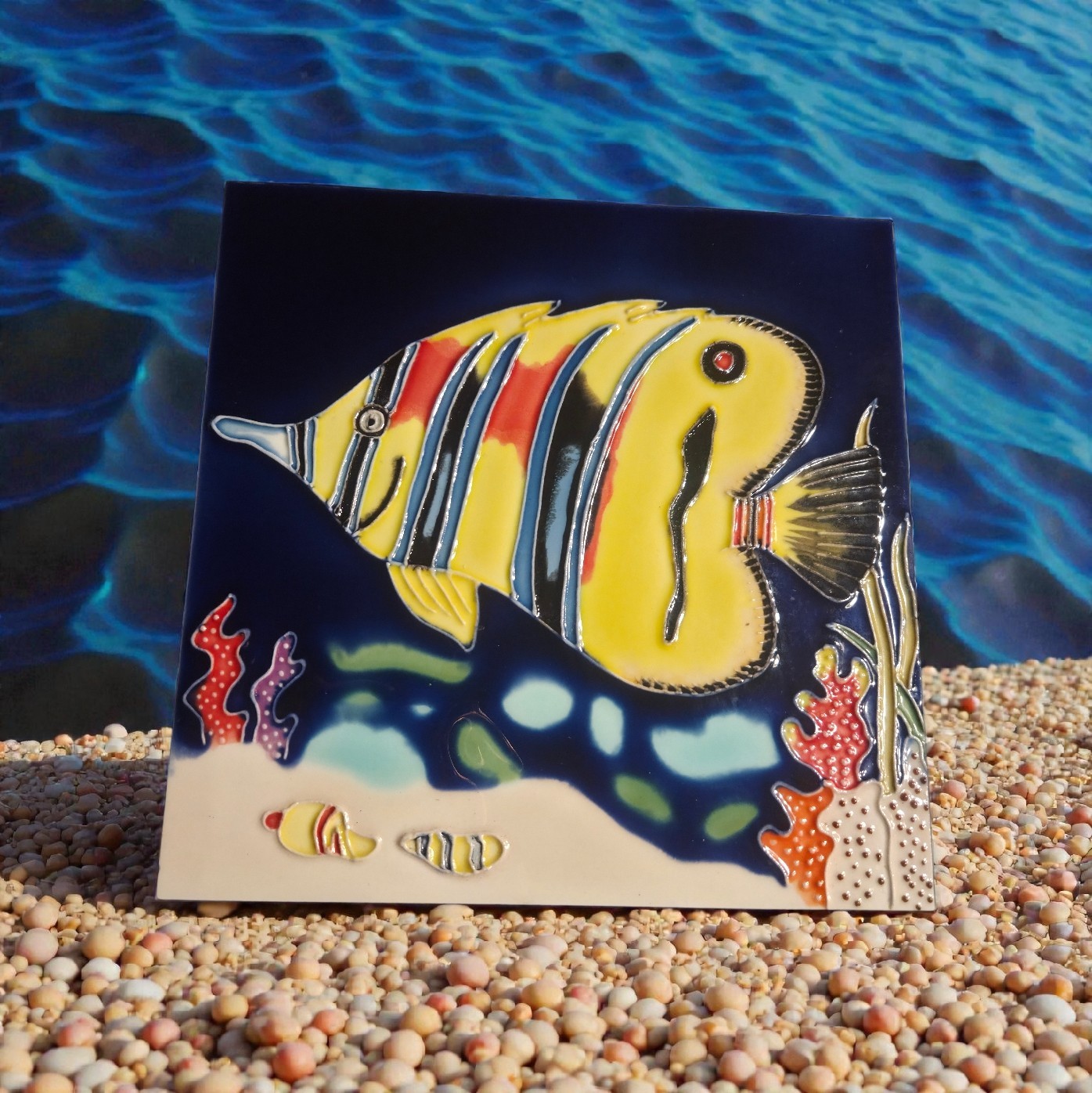 Decorative Wall Art Ceramic Tile 8″x8″Yellow Tropical Fish Coral Reef Coastal