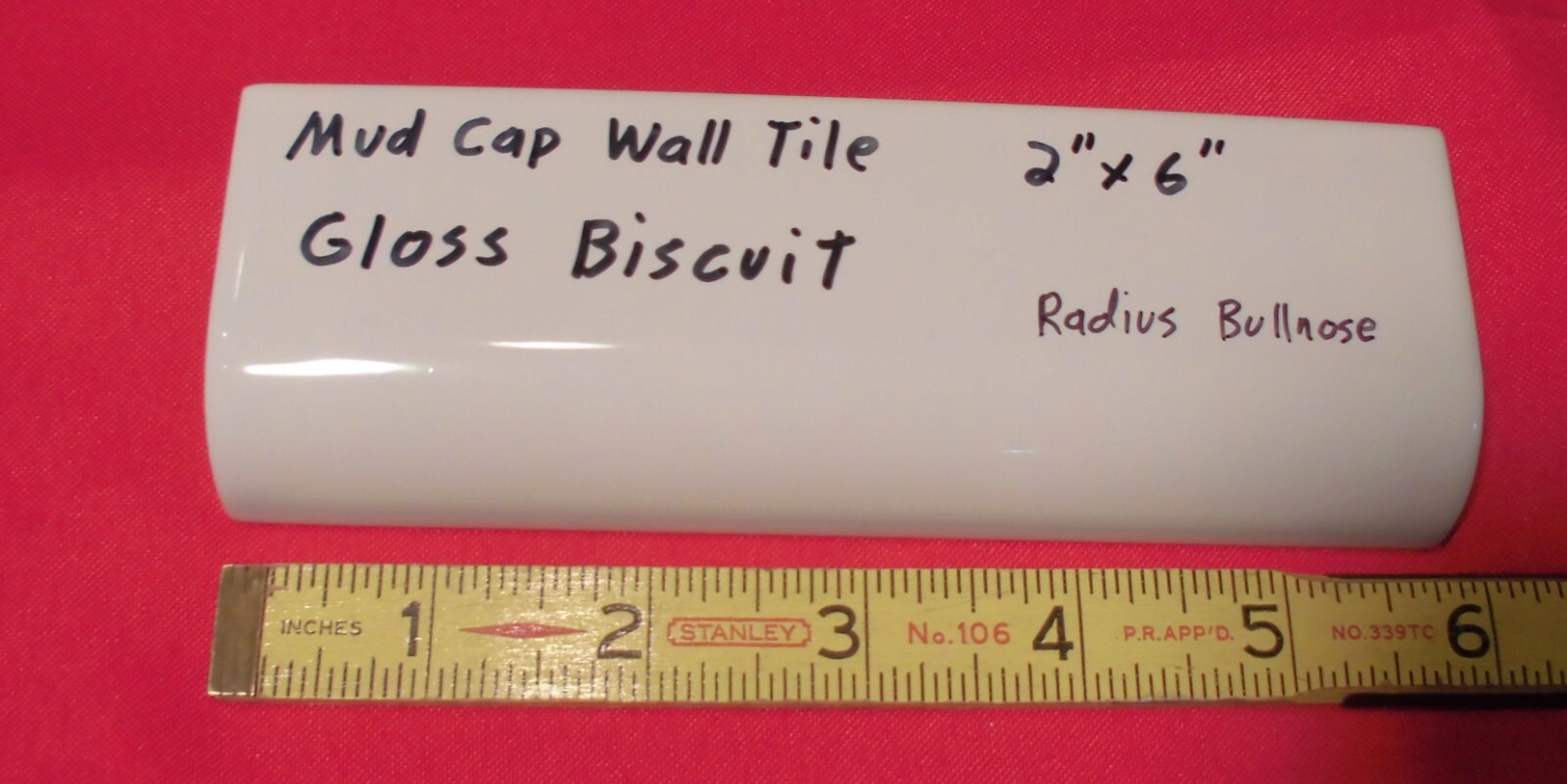 1 pc. Gloss Biscuit: 2″ X 6″ X 3/4″ Ceramic Radius Bullnose Tiles, Mud Caps, New