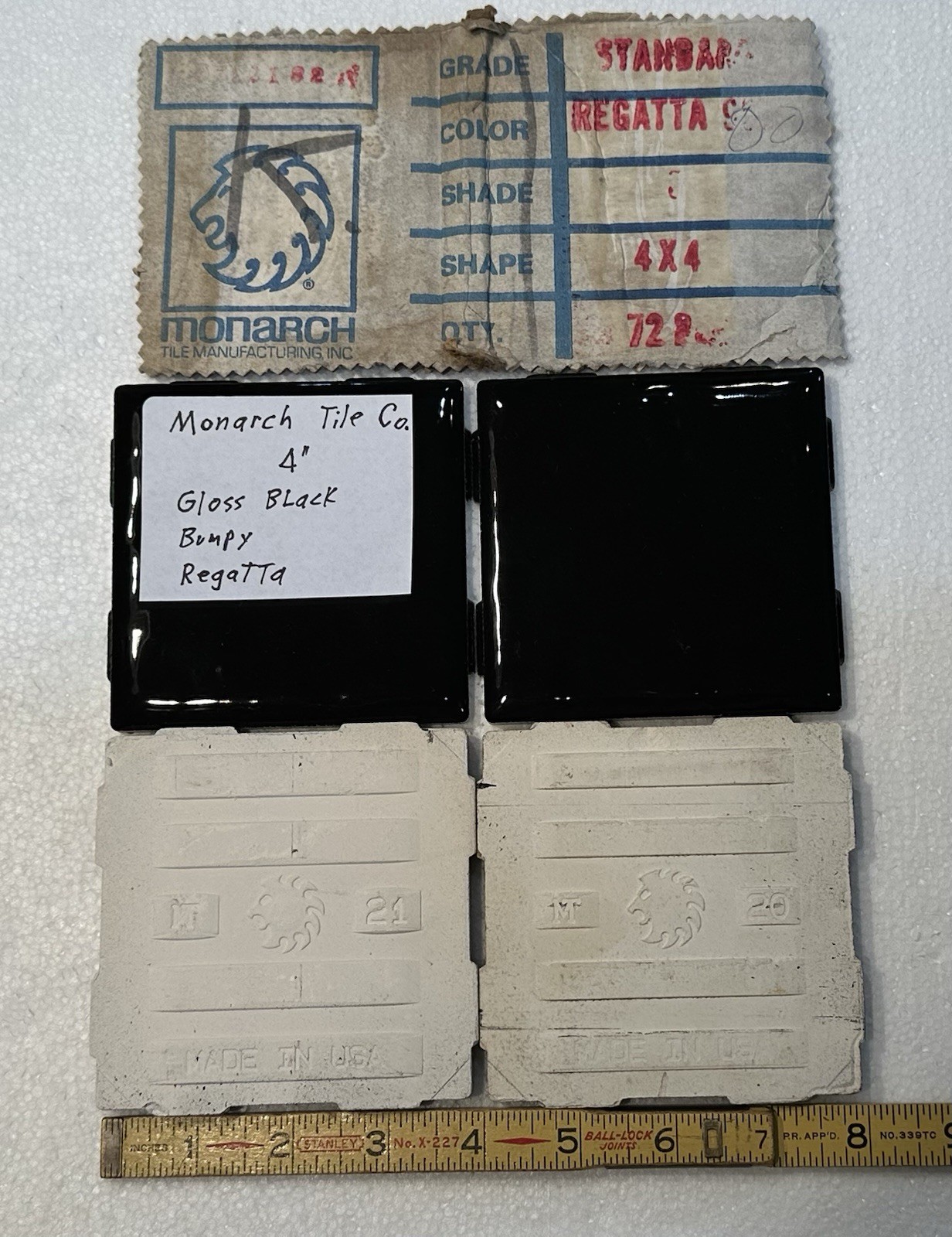 4 Pieces: Dark Rich Gloss Black: 4″ Very Bumpy Ceramic Tile by Monarch Co. NEW