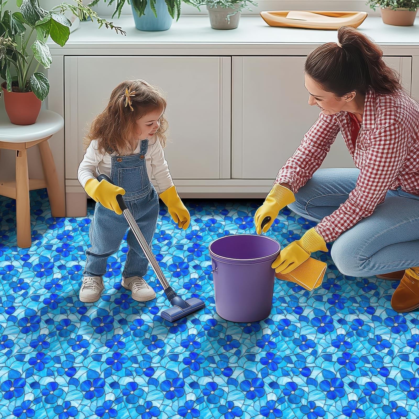 10PCS 12×12 Inch Blue Floral Textured Flat Surface Floor Tiles Peel and Stick…