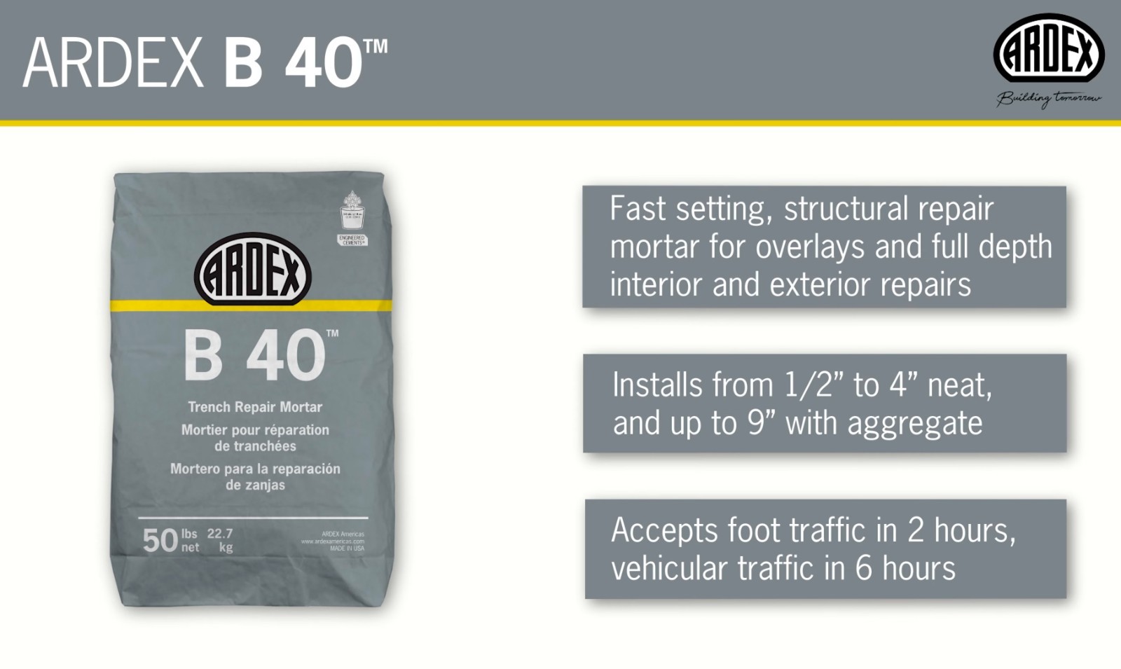 ARDEX B 40 Trench Fast-Setting, Horizontal Concrete Repair Mortar, 50 lbs 45777