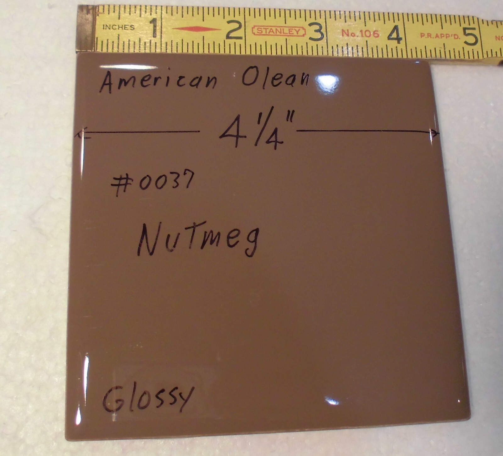 1 pc. Nutmeg: Glossy Ceramic Tile #37 by American Olean 4-1/4″ New, Dark-Brown
