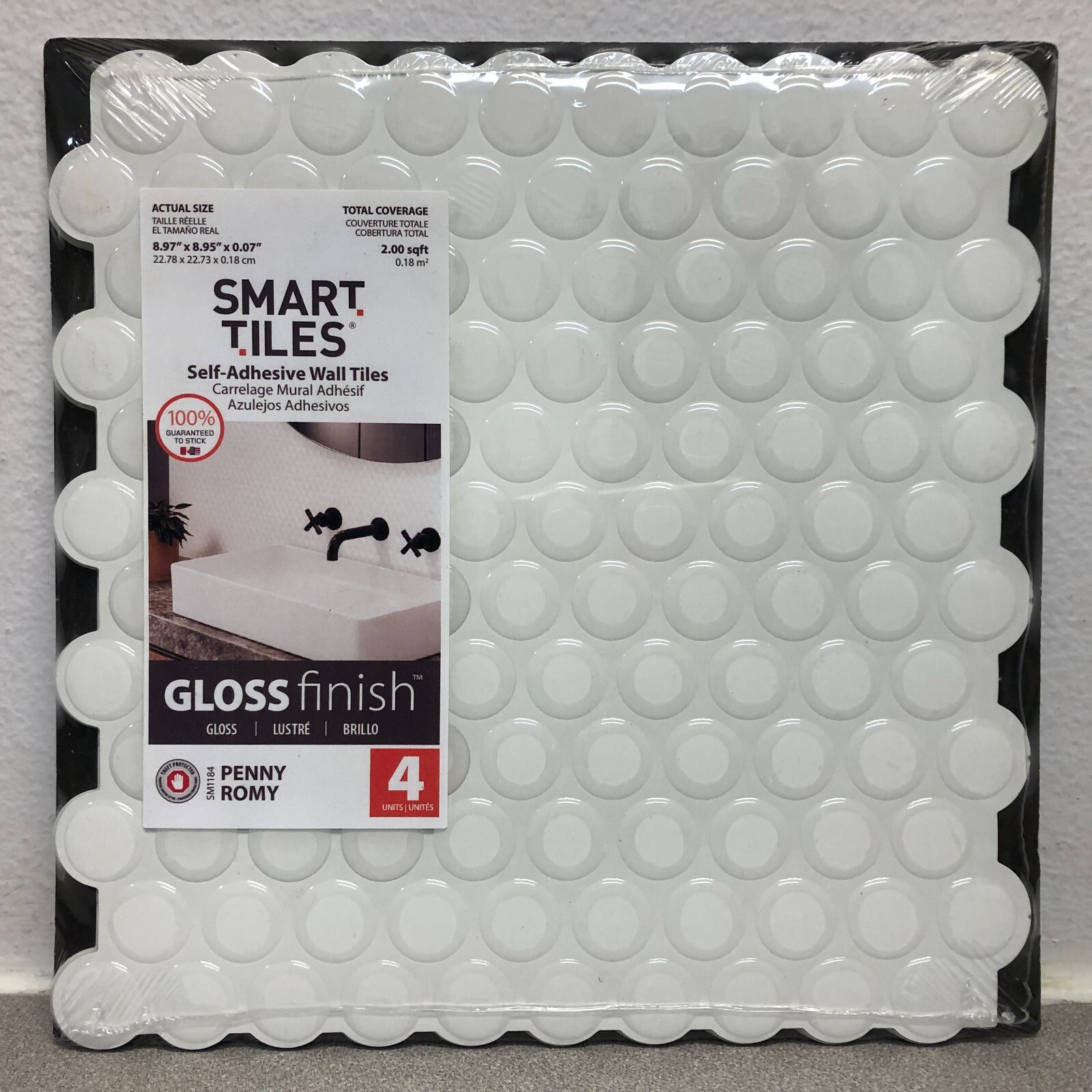Smart Tiles SM1184 8.95″ W X 8.98″ L White Glazed Vinyl Adhesive Wall Tile 4 pc