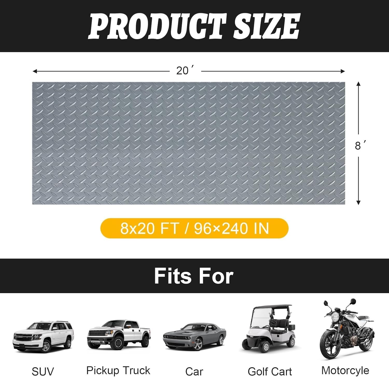 8×20 FT Gray Garage Floor Mat Non-Slip Diamond Plate PVC Rubber Flooring Roll