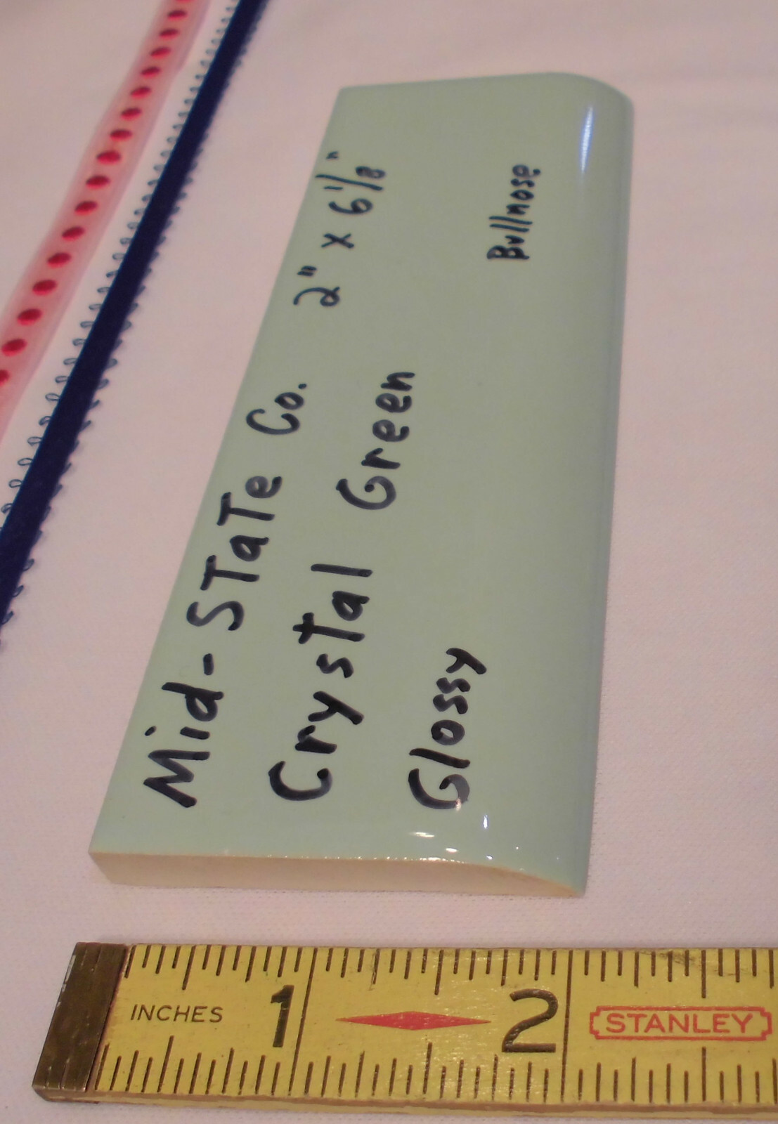 1 pc. Crystal Green: 2” X 6” Glossy Ceramic Bullnose Tile by MID-STATE, NOS