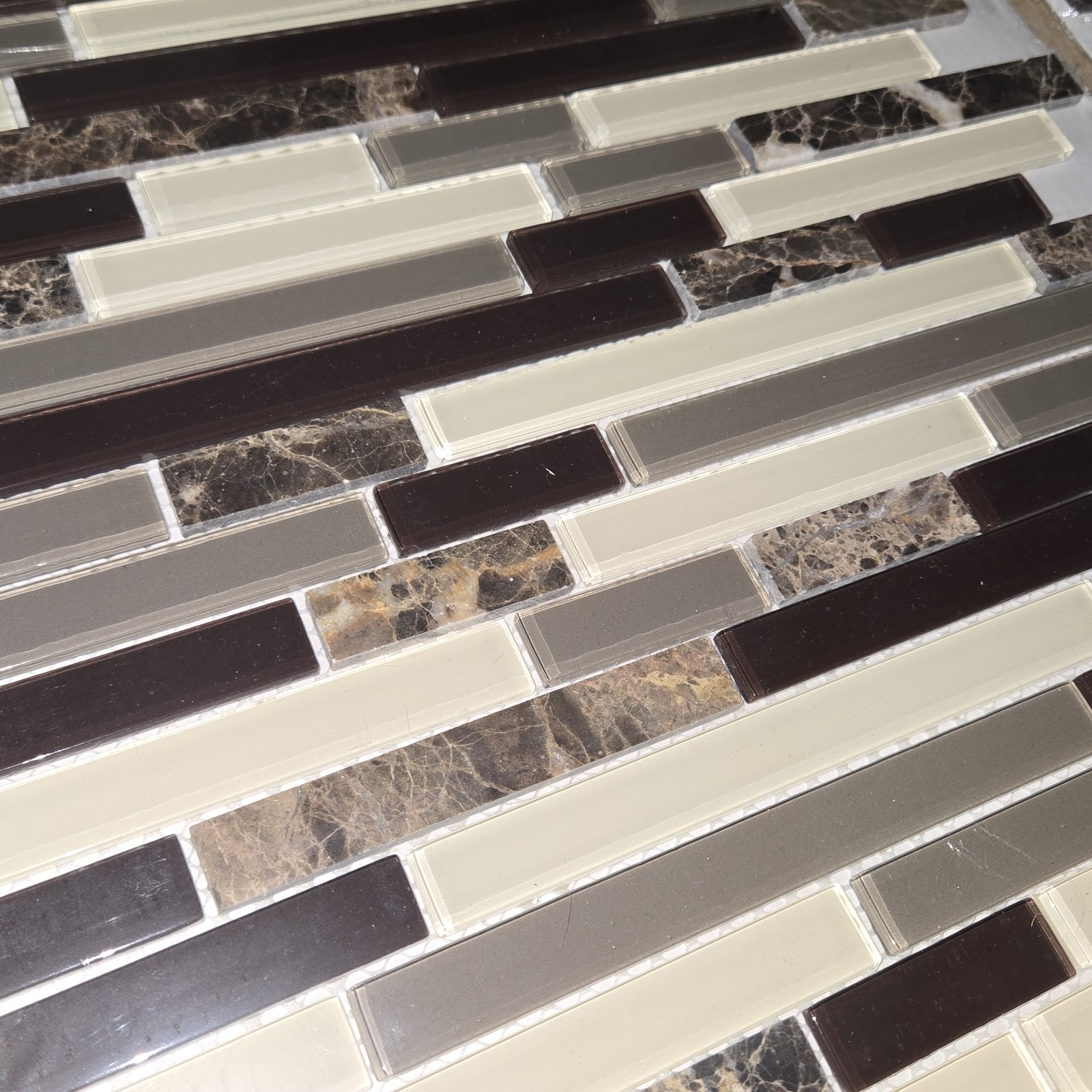 6 Sq Feet -American Olean Linear Mosaic Tile Glass Stone Black Brown Cream 12×13