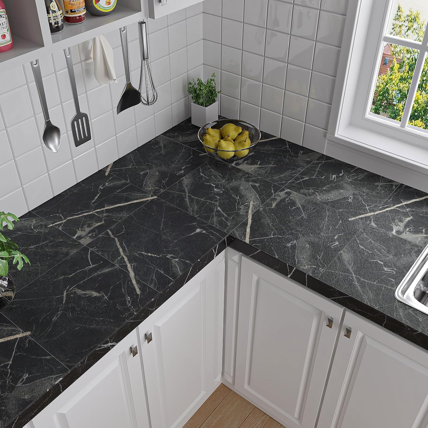 18 Pack Black Marble Peel and Stick Vinyl Floor Tiles 12″x12″ Waterproof
