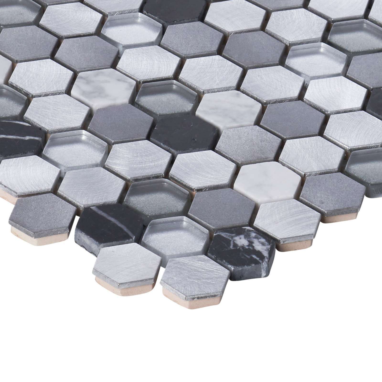 White Calacatta Black Marble Gray Glass Metal 1″ Hexagon Mosaic Tile Backsplash