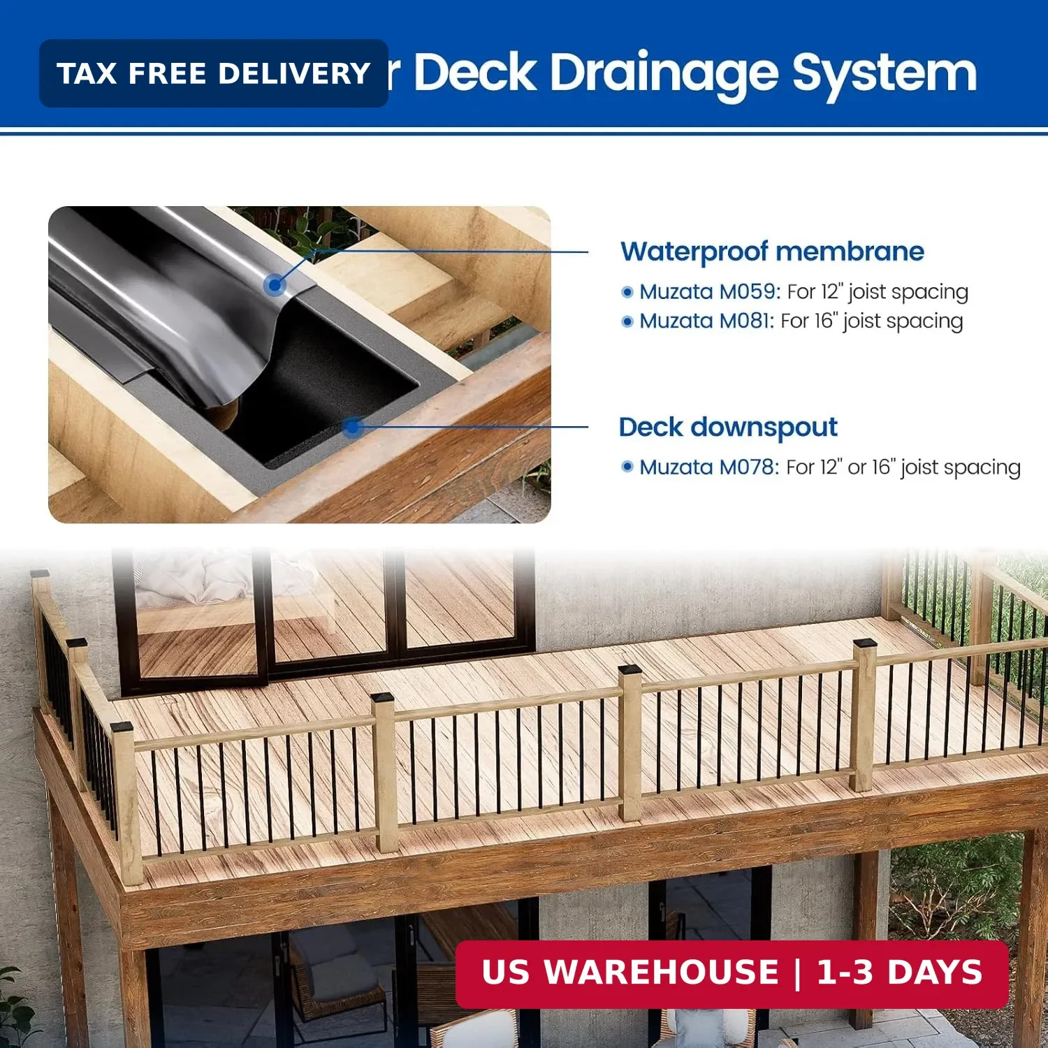 Muzata 1PCS 50FT Black Under Deck Drainage System Trough HDPE Waterproofing Memb
