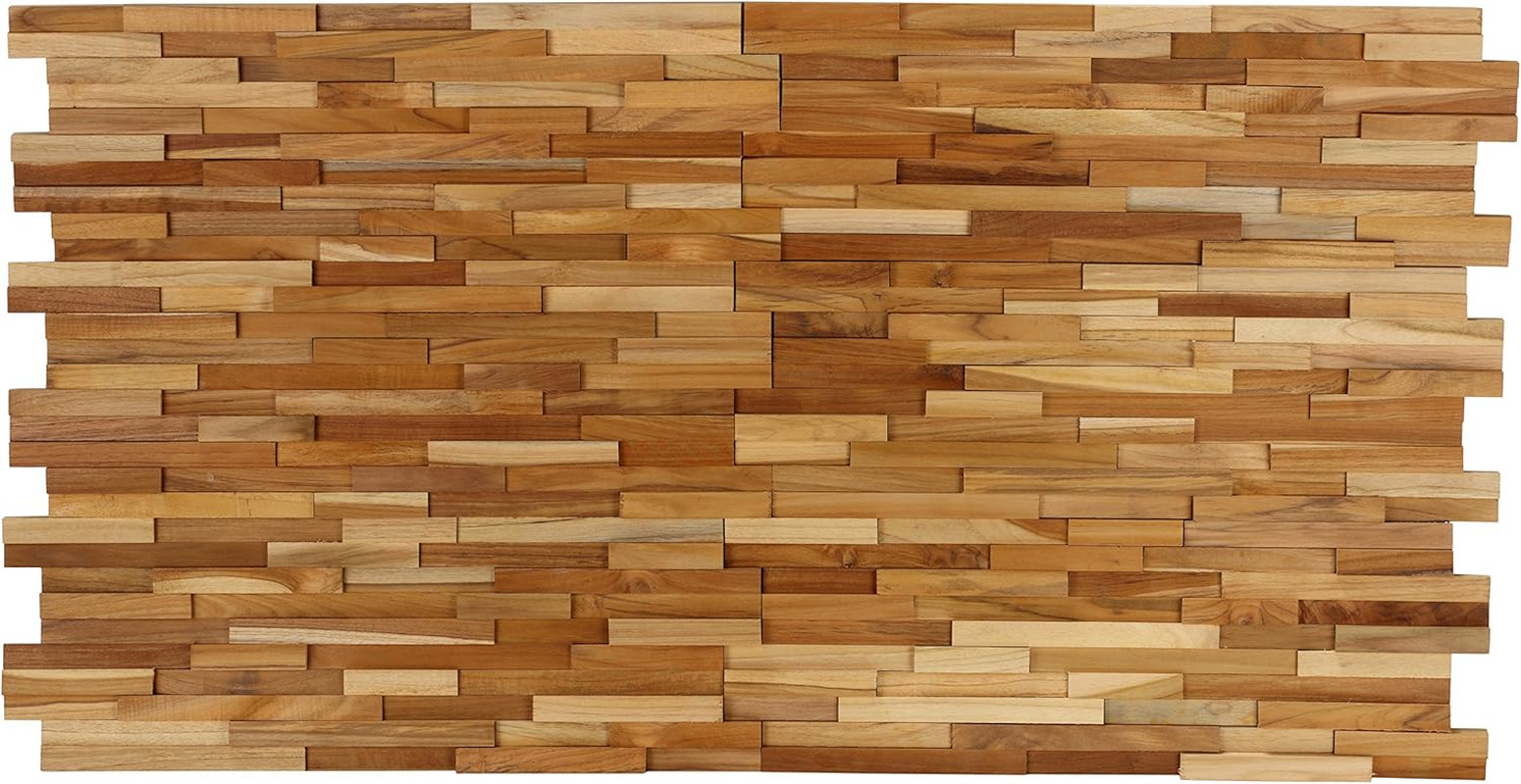 Ez-Wall 3D Mosaic Tile in Solid Teak Wood, Set of 10 Natural Finish Tiles