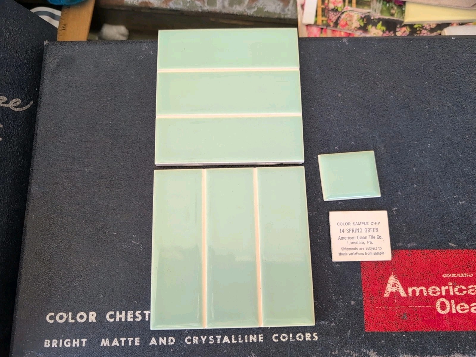 2 pieces 4 1/4″ Ceramic Tile #14 Spring Green American Olean Tile Scored SD-4