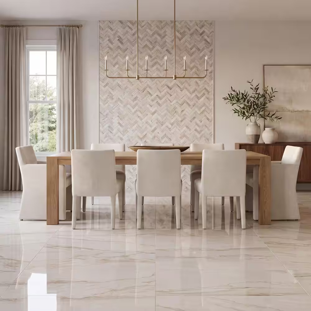 Angora Herringbone 12 In. X 12 In. X 0.38 In. Polished Marble Mesh-Mounted Mosai