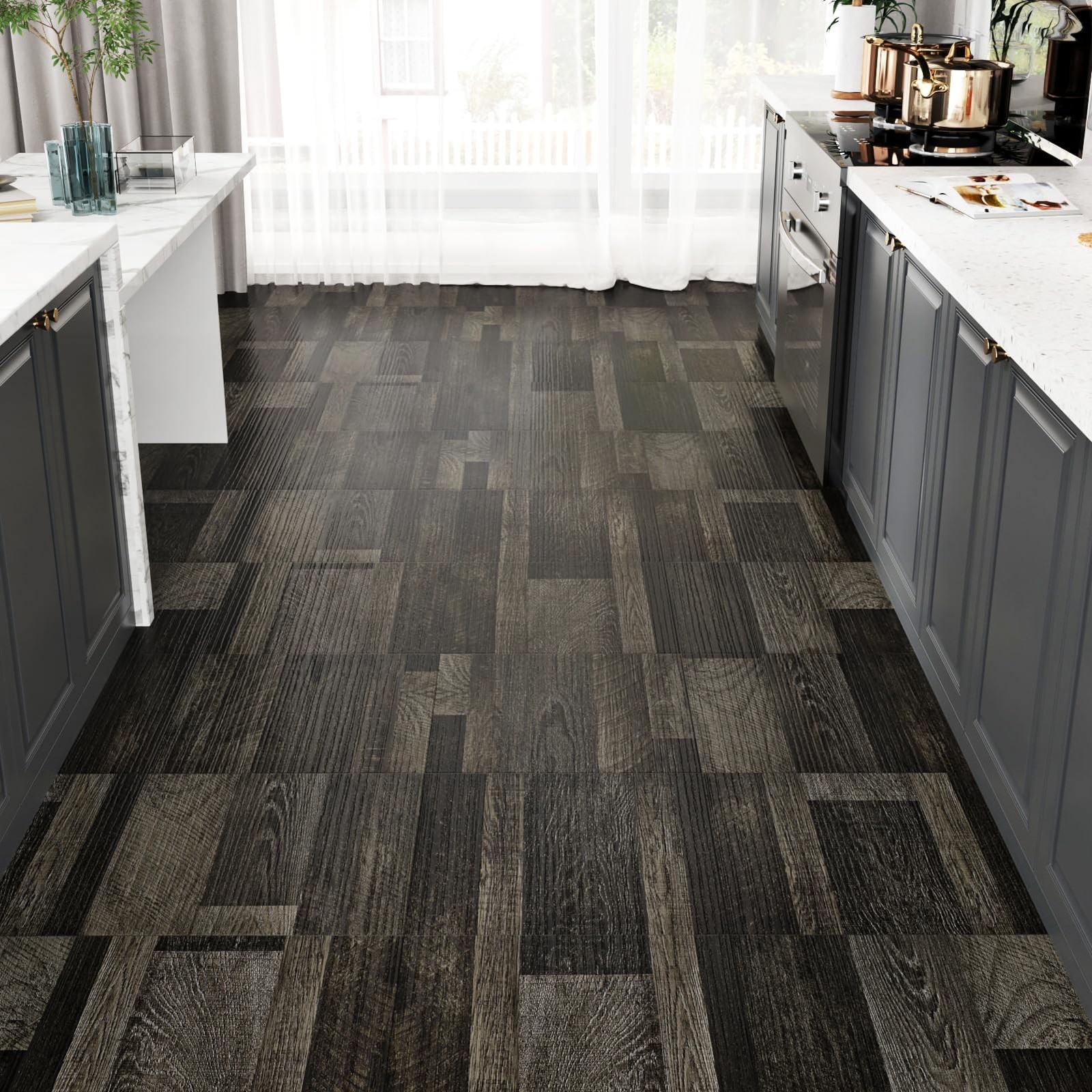 Wallercity Dark Brown Peel and Stick Floor Tile Vinyl Flooring Wood Grain New