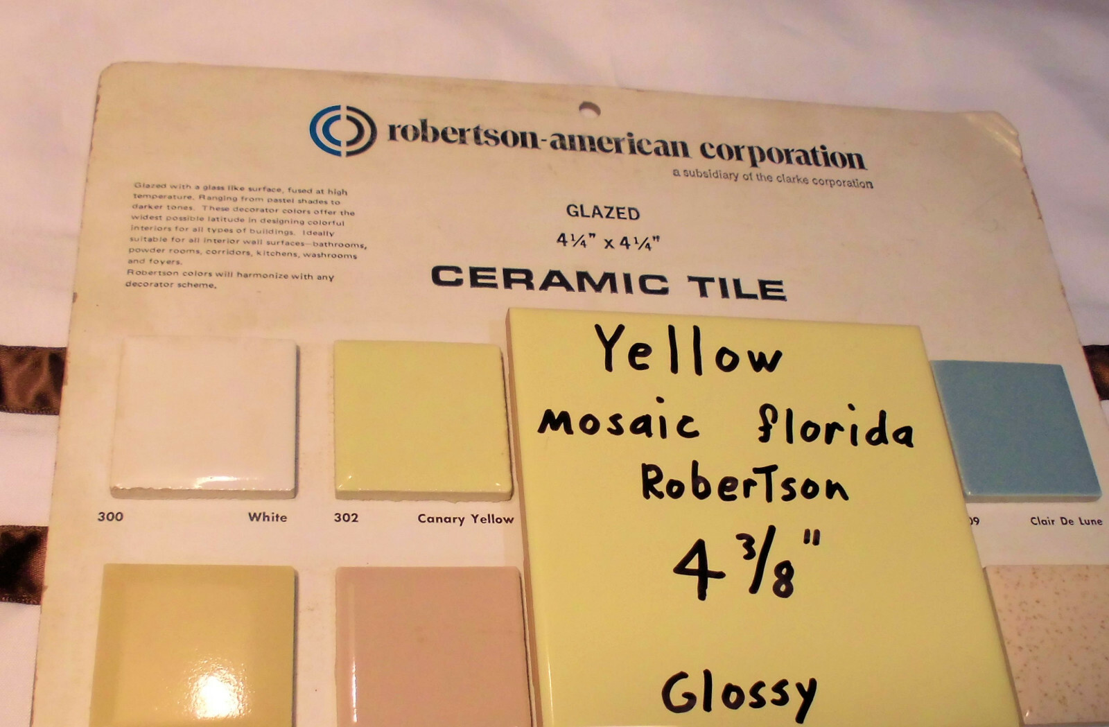 1 pc. Glossy Yellow Ceramic Tile 4-3/8″ ; Matches: Florida, Mosaic & Robertson