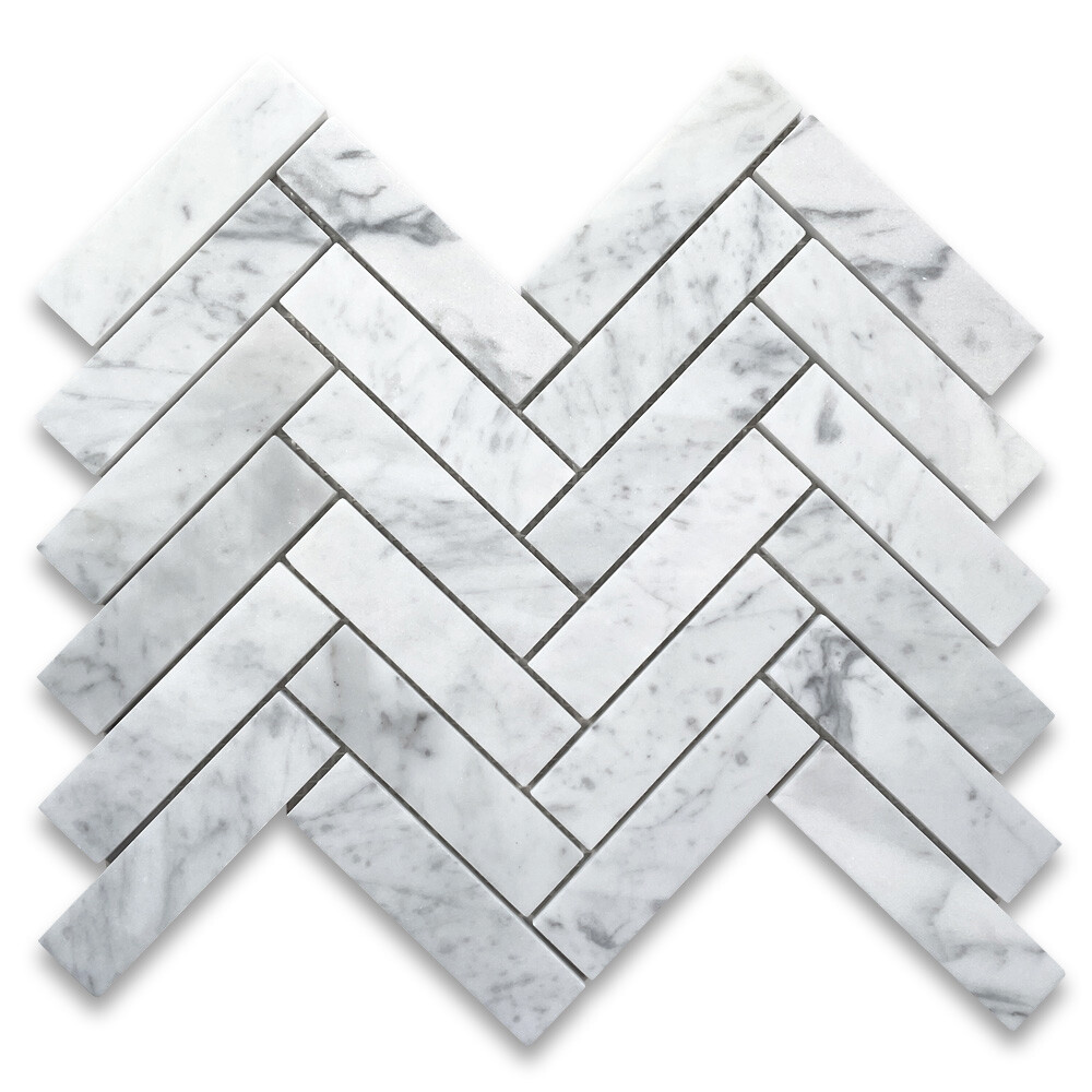 C7FXH Carrara White 1×4 Herringbone Marble Mosaic Tile Honed Venato Bianco