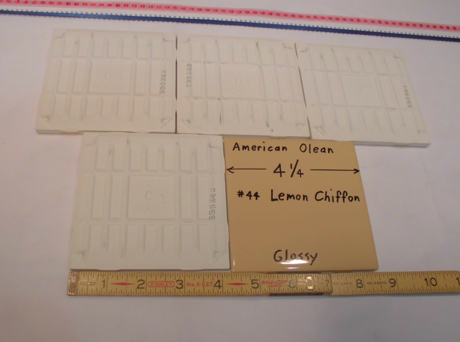 5 pcs. Glossy Ceramic Tiles *Lemon Chiffon #44* by American Olean 4-1/4″ Mustard
