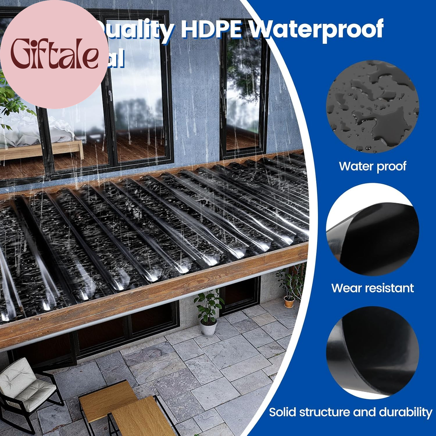 1PCS 50FT Black under Deck Drainage System Trough HDPE Waterproofing Membrane Fi
