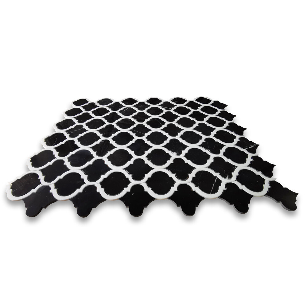 N89AXH Nero Marquina Black Marble Waterjet Arabesque Lantern Tile White Honed