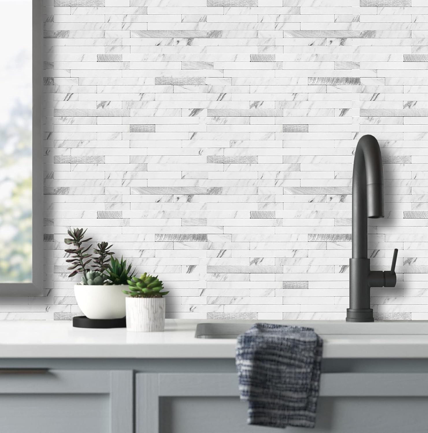 Waterproof White Marble Look Tiles – 20 Pack Stacked Design for Kitchens & Baths