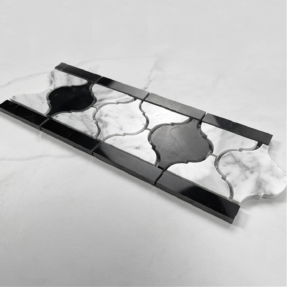 C892B2XP Carrara Venato Marble Arabesque Baroque Border Tile Mix Black Polished