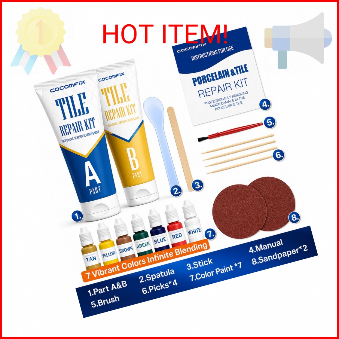 Tile Repair Kit, Ceramic Tile Chips & Cracks Repair Kit(Color Match), Porcelain