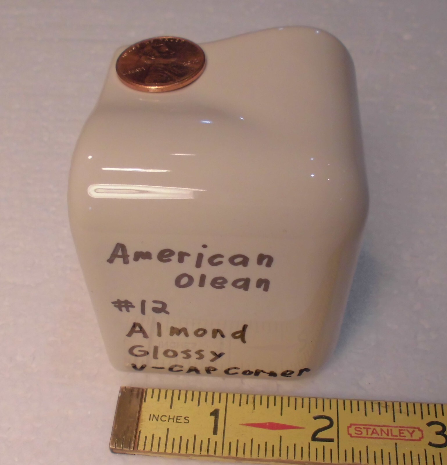 1 pc. Gloss Almond: #12: V Cap Corner Ceramic Trim Tile: Counter Edging, A.O.