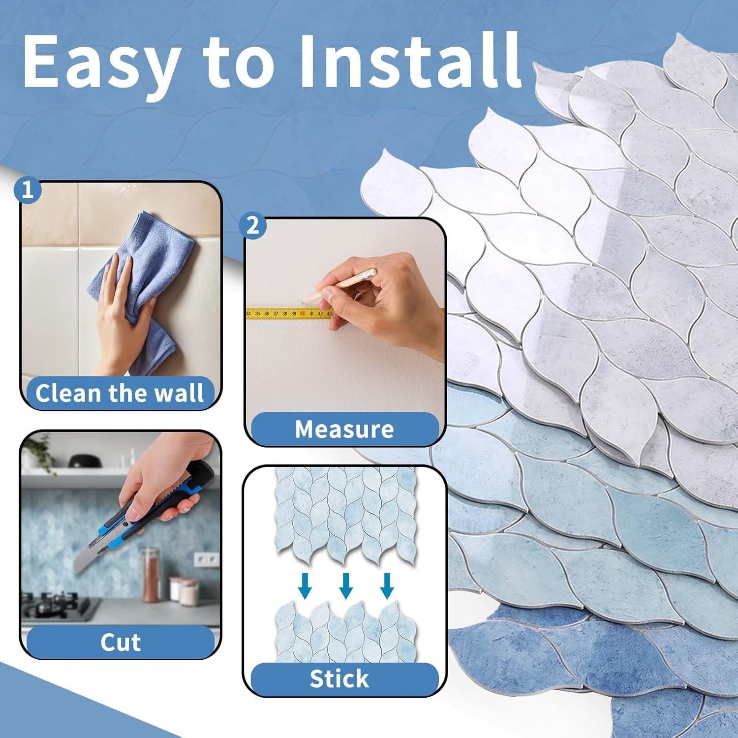 10-Sheet Peel and Stick Backsplash Tile for Kitchen Self Adhesive Pastel Blue S5