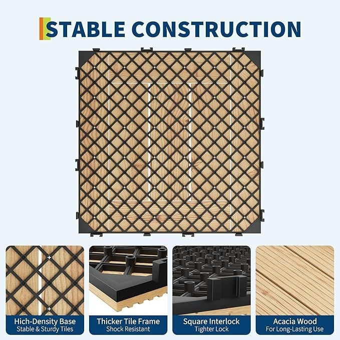 22 PCS Solid Acacia Wood Interlocking Deck Tiles 12″x12″ Patio Garden Floor 21SQ