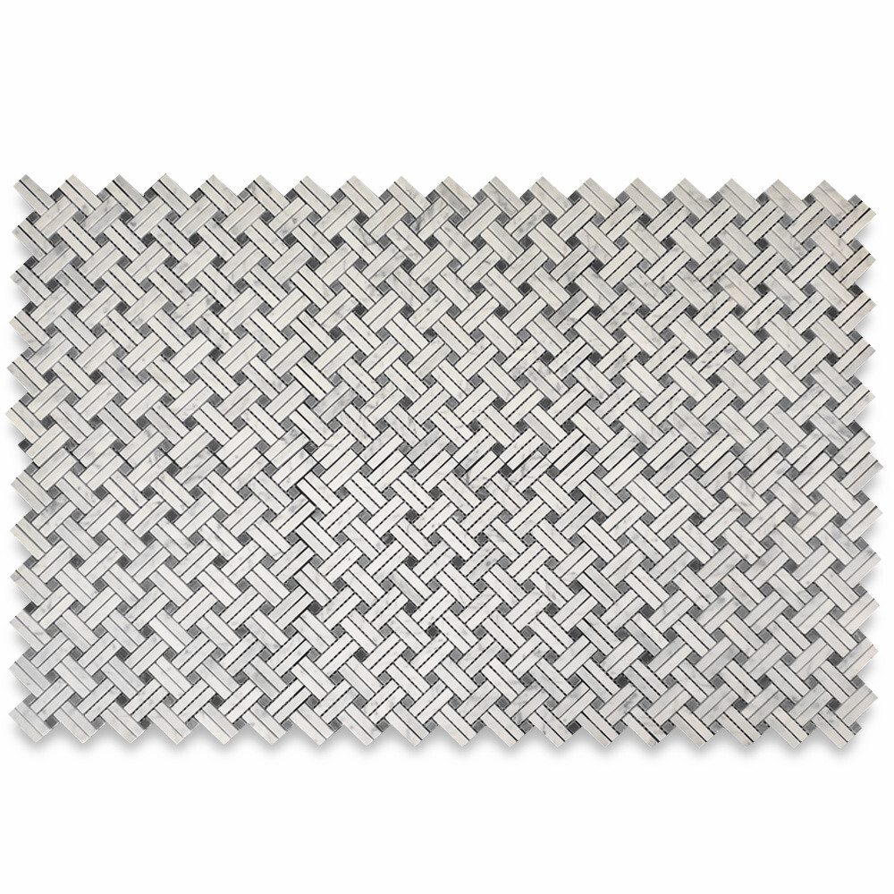 C697XH Carrara White Diagonal Basket Weave Gray dots Marble Mosaic Tile Honed