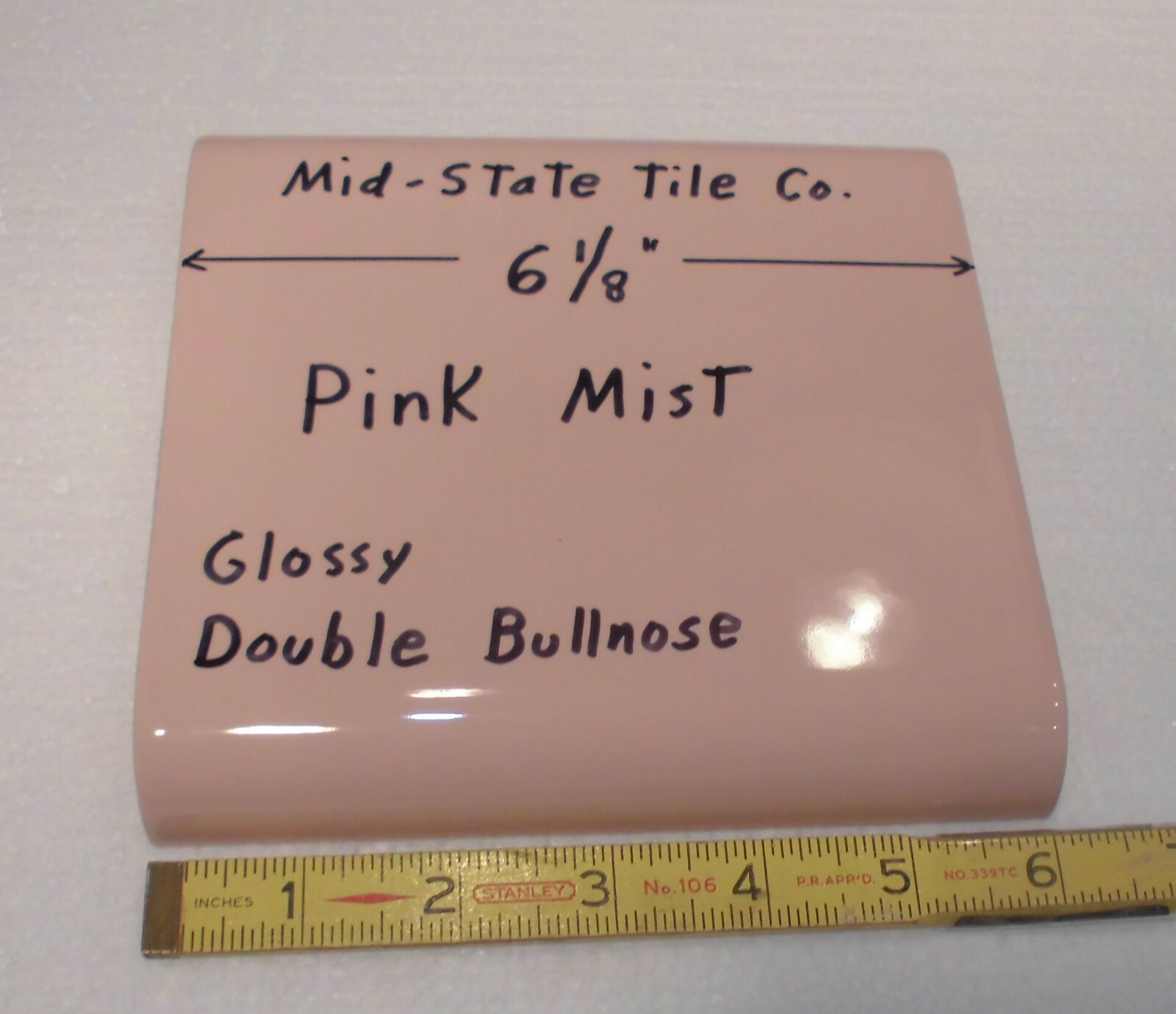 1 pc. Pink Mist 6″ x 6″ Double Radius Bullnose Glossy Ceramic Tile: Mudd Caps
