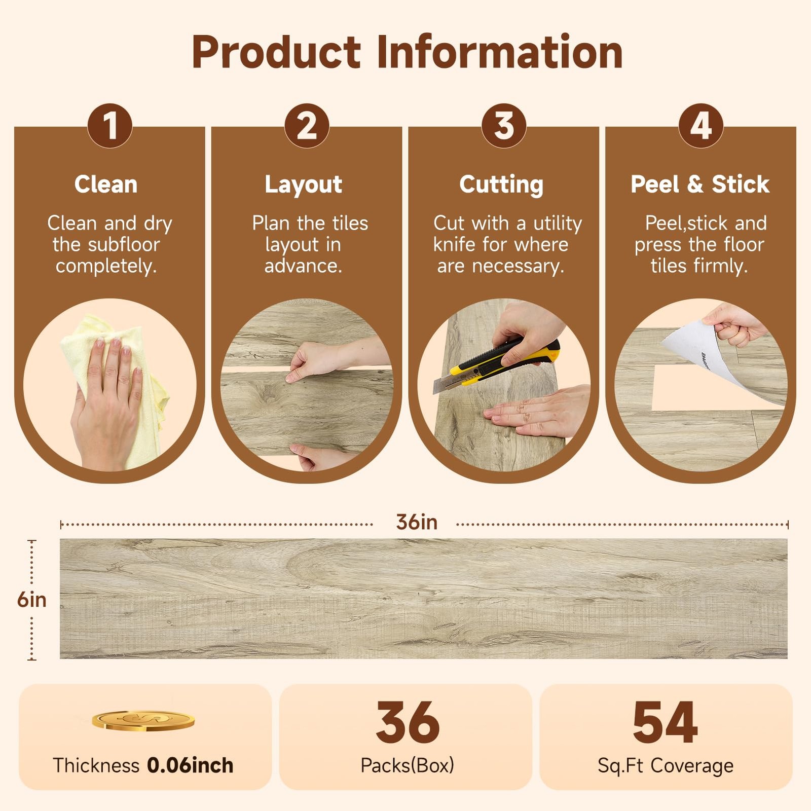 Peel and Stick Vinyl Flooring, 36-Pack 54 Sq.Ft Wood Grain Waterproof Rigid C…